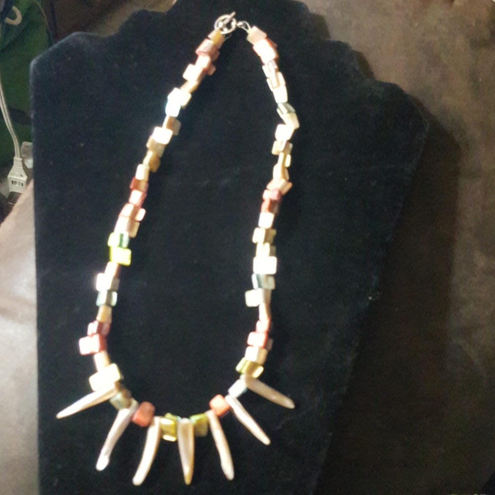 Colorful Mother of Pearl Faux Shark Tooth Necklace